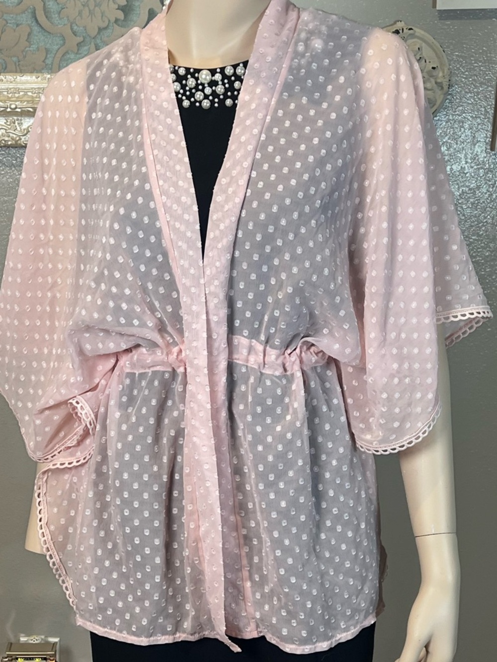 Sheer Pink Swiss Dot Kimono Cardigan